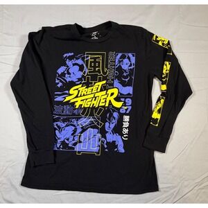 Street Fighter Mens Black Long Sleeve‎ Graphic T-Shirt Ryu Chun-Li Ken Size M